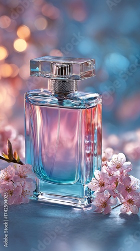 Wallpaper Mural a luxurious transparent perfume bottle with a glass stopper, featuring a delicate pink to blue gradient, surrounded by soft cherry blossom flowers and bokeh lights Torontodigital.ca
