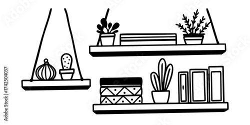 Illustration of three shelves with various potted plants books and a hanging plant in black and white