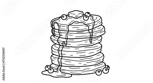 Stack of Pancakes with Syrup and Berries in Black and White Line Drawing