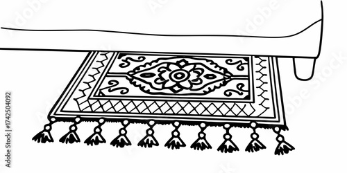 A black and white drawing of a rug with tassels under a couch with an ornate design in the center