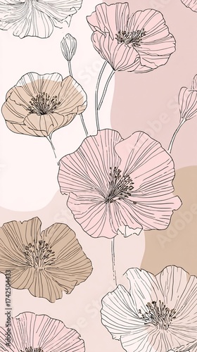 Wallpaper Mural a minimal abstract floral pattern featuring delicate line art poppy flowers with soft pastel pink and beige color blocks on a light aesthetic background Torontodigital.ca