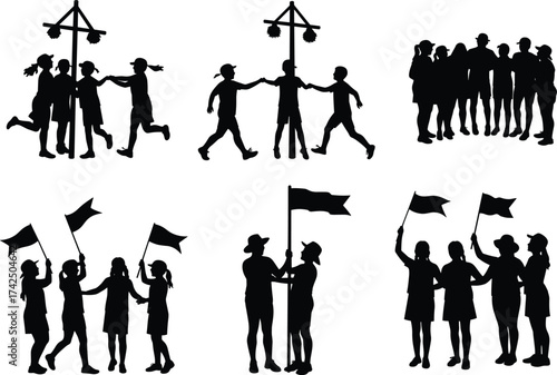 Children celebrating with flags and dancing around festive poles in silhouette style for cultural events, parades, and joyful gatherings