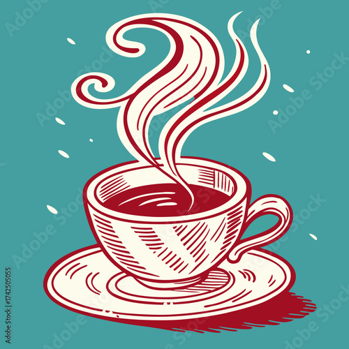 Vector art of a steaming cup of coffee in a vintage style illustration with a teal background and red accents