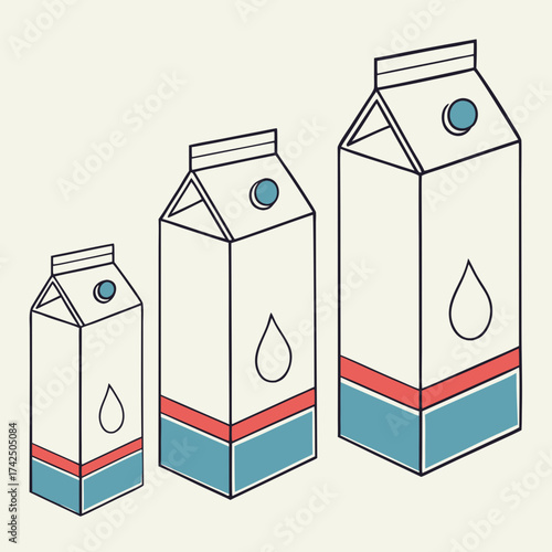 Vector art of three milk cartons of varying sizes with a blue cap and a red and blue base
