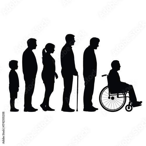 Vector silhouette illustration of human life stages from childhood to old age mobility aids silhouette vector illustration white background