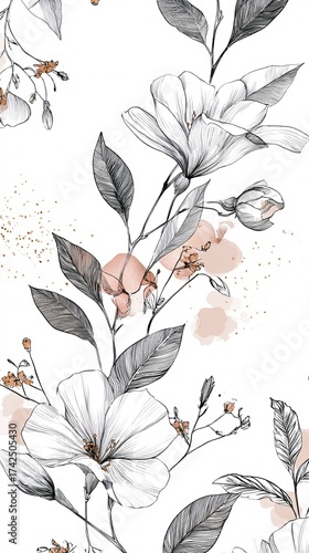 Wallpaper Mural contemporary minimal floral line art design with delicate peach watercolor stains and gold splatters Torontodigital.ca