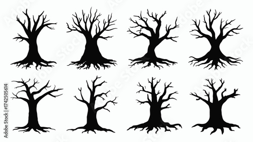 Set of eight stylized black and white tree silhouettes vector illustration scalable eps graphic silhouette vector illustration white background
