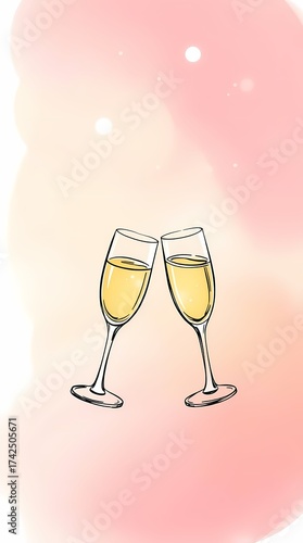 Two champagne glasses toasting in front of a bright pink white gradient background. Vertical standing image.