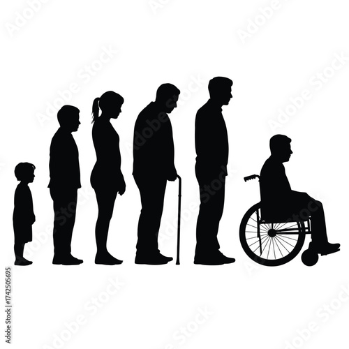 Scalable vector silhouette illustration of human life stages from childhood to old age and disability silhouette vector illustration white background