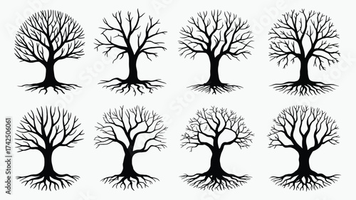 Set of eight black and white tree silhouettes vector illustrations scalable eps graphics silhouette vector illustration white background