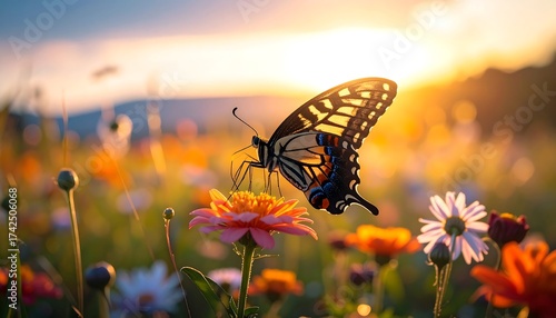 Fototapeta Naklejka Na Ścianę i Meble -  Butterfly on flower meadow at sunset