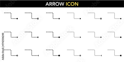Step Arrow Stair Icon Set - Upward Elbow Connector Rising Stage Progression Level Transition Symbol Solid Dashed Line Increment Indicator Vector UI Element Phase Advance Workflow Diagram Infographic 