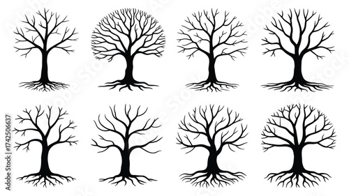 Eight stylized bare tree silhouettes vector illustration scalable eps icon set nature elements silhouette vector illustration white background