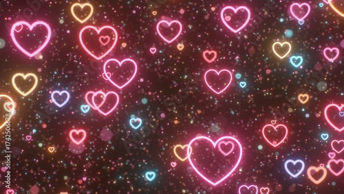Neon Glow Love Heart Shapes Float Among Sparkle Space Light Particles - Abstract Background Texture