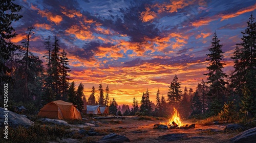 Wallpaper Mural serene and dramatic forest campsite scene with an illuminated tent, crackling campfire, tall pine trees, and an epic orange and blue colored sunset sky Torontodigital.ca