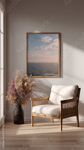Wallpaper Mural wall art mockup of a vertical wooden framed seaside landscape print hanging above a light boho style rattan and wood armchair in a sun-drenched room Torontodigital.ca