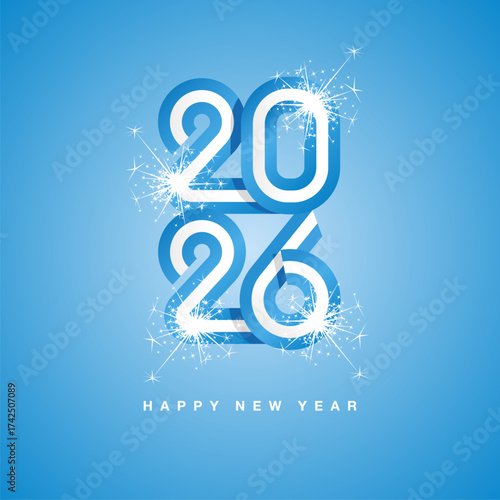 2026 New Year continuous Argentina ribbon. Abstract light blue white flag of Argentina in the shape of 2026 logo with sparkle firework. New Year concept greeting card