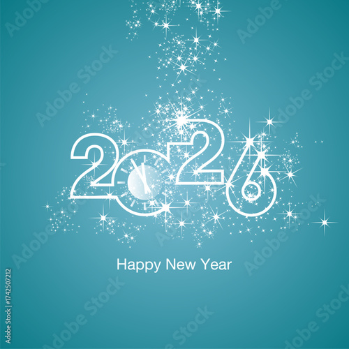 Happy New Year 2026 clock countdown loading light sparkle firework white sea green blue color vector logo icon