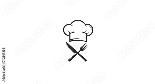 A simple black and white logo of a chef's hat above a crossed knife and fork on a white background