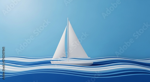 Small sailboat on stylized blue and white striped ocean waves.
