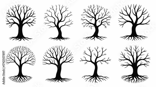 Set of eight black and white tree silhouettes with intricate root systems vector illustration silhouette vector illustration white background