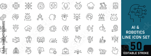 AI and Robotics line icon set featuring artificial intelligence, automation, machine learning, neural network, and futuristic technology in modern minimal outline vector style.