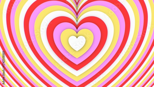 Red Pink Yellow White Colored 3D Paper Layers Of Hearts Shrink Inward - Abstract Background Texture