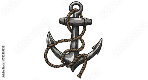 A cartoon drawing of a gray anchor with a brown rope wrapped around it on a white background