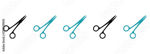 WebSurgical clamps in alternating blue and black on a crisp white background, perfect for medical illustrations or educational content about healthcare procedures and tools