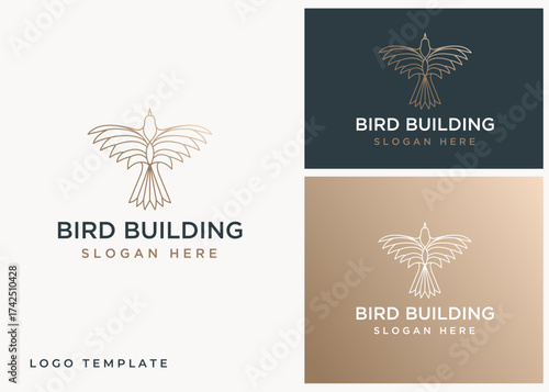 Elegant and luxurious Flying Bird Logo Design Template, line art style, this logo is suitable for buildings and t-shirts