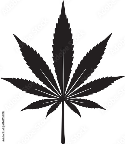 Black silhouette of a cannabis leaf with rough edges and detailed veins symbolizing marijuana and nature
