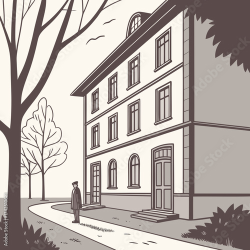 Vintage Residential Building Vector Illustration with Trees and Street View