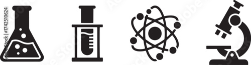 Fundamental Science and Laboratory: Solid Vector Icons Featuring Chemistry Flasks, Test Tube Rack, Atomic Model, and Compound Microscope