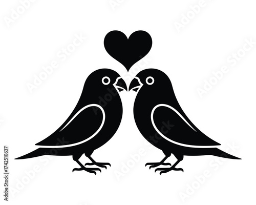 Minimalist black and white vector illustration of two lovebirds with a heart icon symbolizing romance and companionship silhouette vector illustration white background