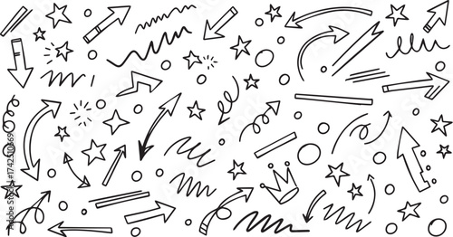 Hand-drawn doodle arrows stars circles scribbles elements for design chaos abstract patterns fun playful energetic movement
