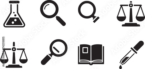 Investigation, Law, and Science: A Comprehensive Set of Solid Vector Icons Featuring Laboratory Flasks, Magnifying Glasses, and Scales of Justice