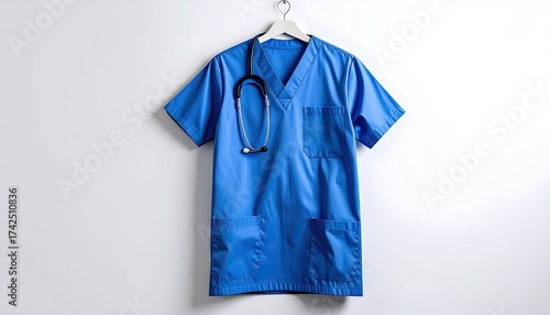 Blue medical scrub top with stethoscope hanging on a white wall.