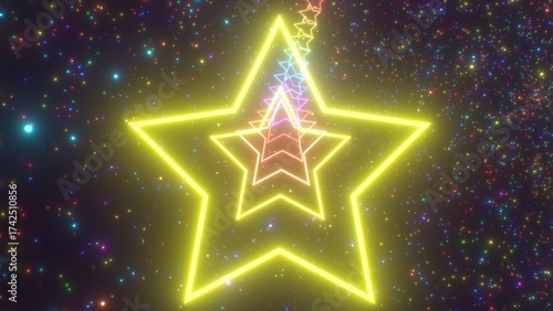 Travel Inside Neon Glowing Star Shaped Glowing Sparkle Tunnel Loops - Abstract Background Texture