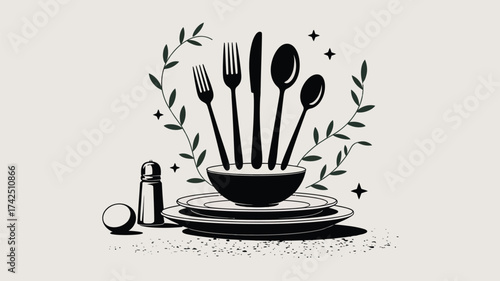 Minimalist black and white illustration of table setting with utensils plates and salt shaker for culinary themes vector