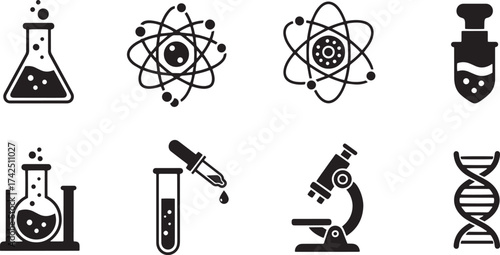 Core Scientific Concepts and Laboratory Equipment: Solid Vector Icon Set Featuring Flasks, Atomic Models, Test Tubes, Microscope, and DNA