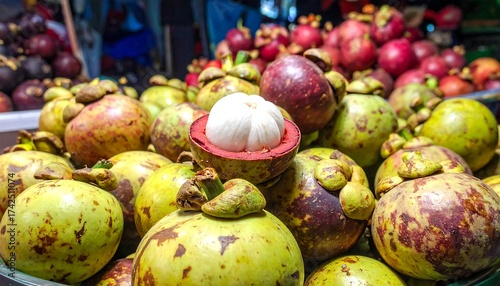 Exotic mangosteen fruits, some cut open, in a pile