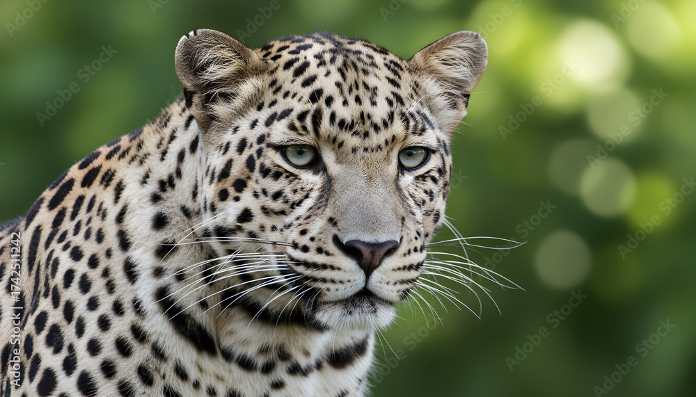 Obraz premium Majestic Leopard Portrait Against a Green Bokeh Background