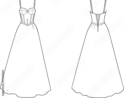 Women’s evening gown technical flat sketch, CAD fashion drawing apparel design, vector illustration front and back view corset bodice garment template