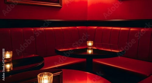 Corner Booth Seating in a Dark, Luxurious Red Lounge or Bar