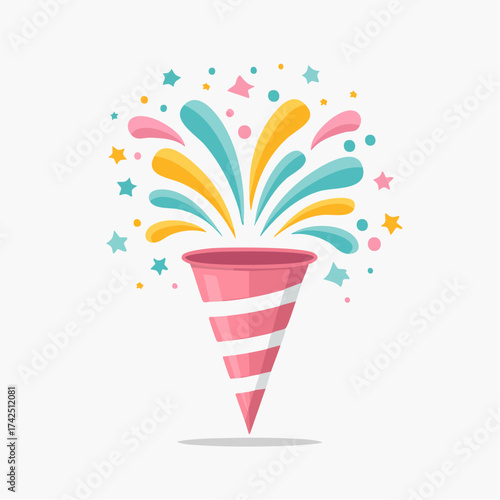 Vibrant illustration of a party popper bursting with colorful confetti and sparkling stars, symbolizing joy, excitement, and festive celebrations