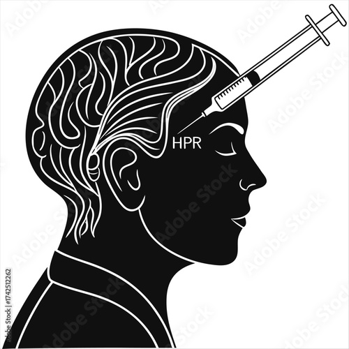 Silhouette of head with hair follicles receiving injection labeled hrpr in a black and white illustration