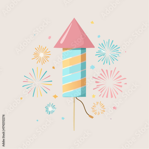 Whimsical cartoon firework rocket igniting a celebration with colorful sparks and joyful explosions, radiating a magical glow reminiscent of twinkling fireflies