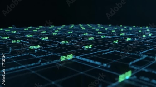 Abstract futuristic technology background with a digital grid of glowing numbers. Financial data analysis