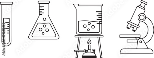Essential Laboratory Equipment: Detailed Outline Vector Icons Featuring Test Tube, Conical Flask, Heated Beaker, and Compound Microscope