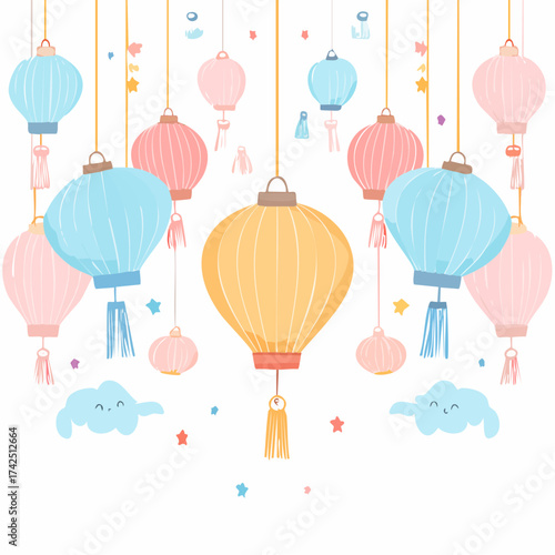 A whimsical and festive display of colorful hanging paper lanterns celebrating a traditional cultural holiday
